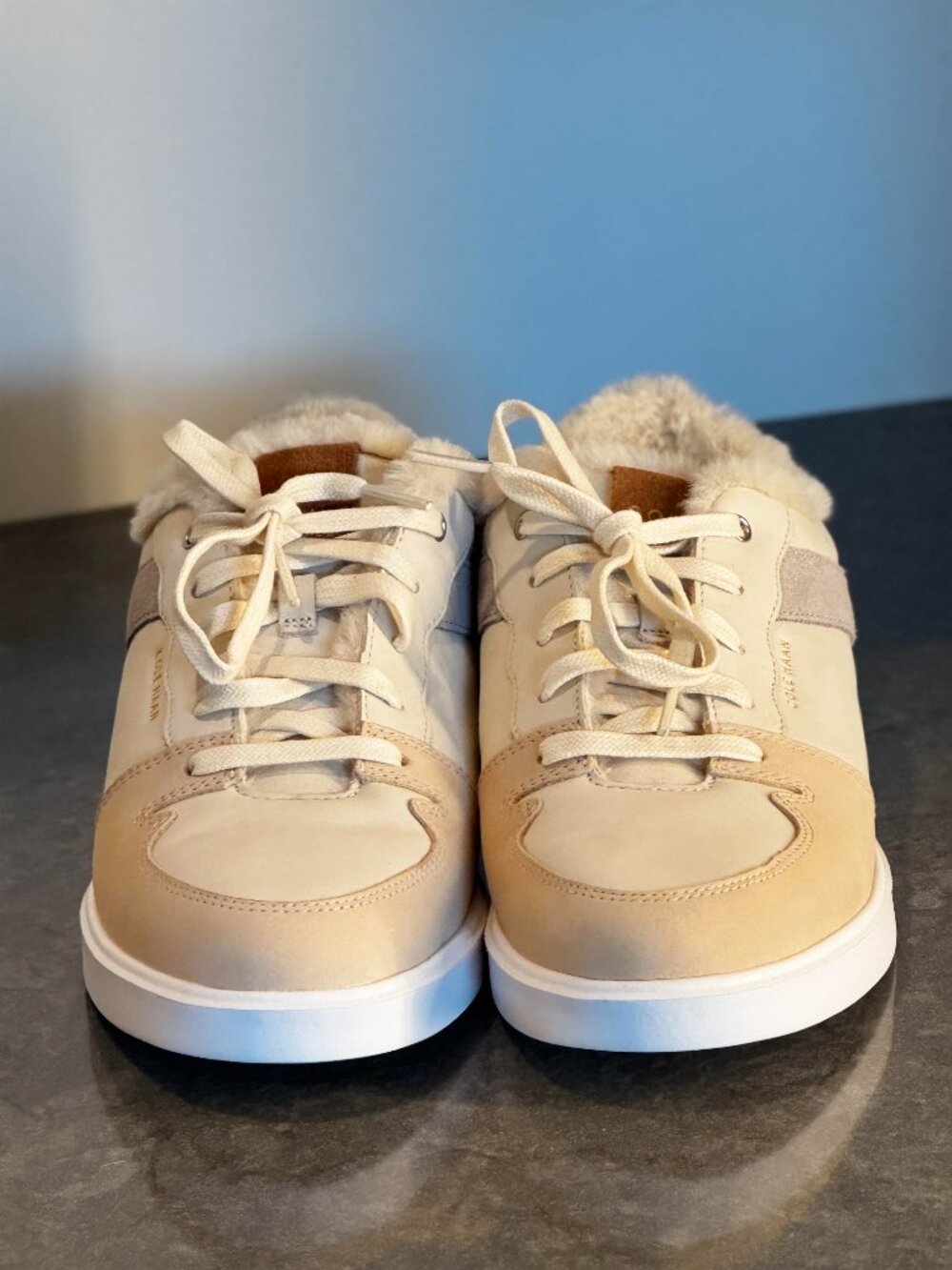 Cole Haan Grand Crosscourt Faux Fur Lined Tan Beige Suede Sneakers Size 9